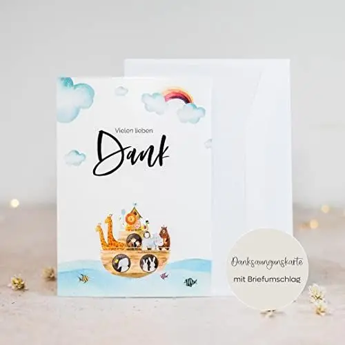 Produktbild: 𝟴 𝗗𝗮𝗻𝗸𝘀𝗮𝗴𝘂𝗻𝗴𝘀𝗸𝗮𝗿𝘁𝗲𝗻 𝗺𝗶𝘁 𝗨𝗺𝘀𝗰𝗵𝗹𝗮𝗴 | Taufe Kommunion Konfirmation | frei Rückseite zum ausfüllen | DIN A 6 | Arche Noah Wasser
